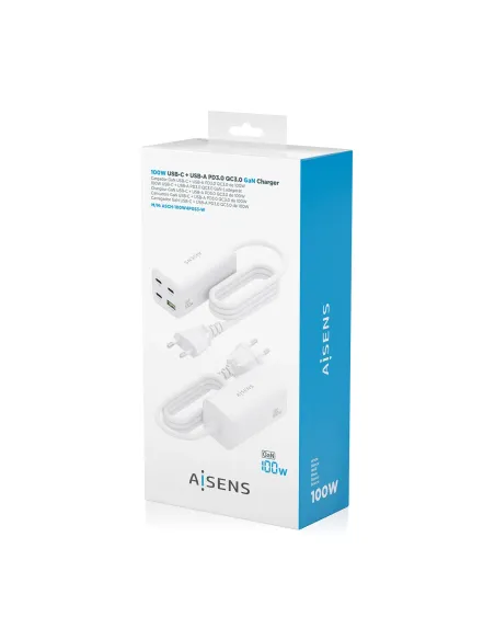 AISENS Cargador Sobremesa GaN 100W, 3x USB-C PD3.0 QC4.0 QC5.0, 1x USB-A QC3.0, Blanco