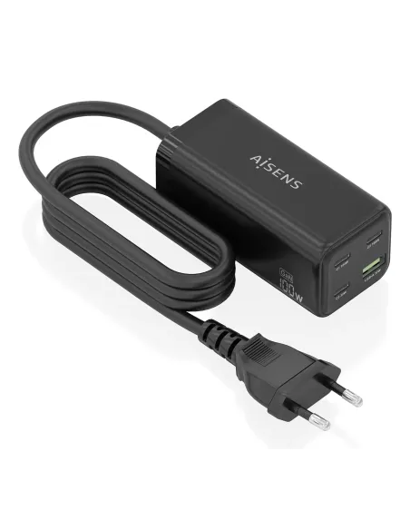 AISENS Cargador Sobremesa GaN 100W, 3x USB-C PD3.0 QC4.0 QC5.0, 1x USB-A QC3.0, Negro