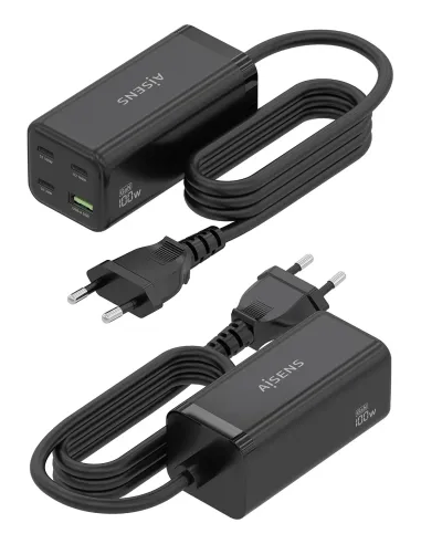 AISENS Cargador Sobremesa GaN 100W, 3x USB-C PD3.0 QC4.0 QC5.0, 1x USB-A QC3.0, Negro