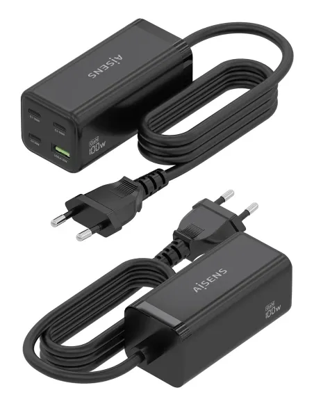 AISENS Cargador Sobremesa GaN 100W, 3x USB-C PD3.0 QC4.0 QC5.0, 1x USB-A QC3.0, Negro