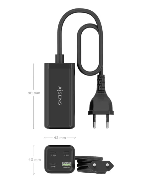 AISENS Cargador Sobremesa GaN 100W, 3x USB-C PD3.0 QC4.0 QC5.0, 1x USB-A QC3.0, Negro