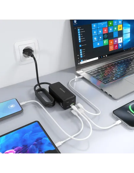 AISENS Cargador Sobremesa GaN 100W, 3x USB-C PD3.0 QC4.0 QC5.0, 1x USB-A QC3.0, Negro