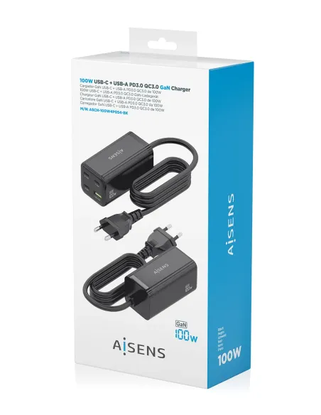 AISENS Cargador Sobremesa GaN 100W, 3x USB-C PD3.0 QC4.0 QC5.0, 1x USB-A QC3.0, Negro