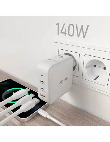 AISENS Cargador GaN 140W, 2xUSB-C PD3.1 QC4.0, 1xUSB-A QC3.0, Blanco