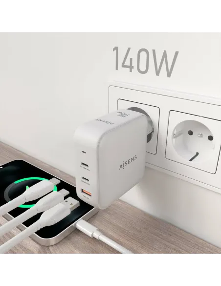 AISENS Cargador GaN 140W, 2xUSB-C PD3.1 QC4.0, 1xUSB-A QC3.0, Blanco