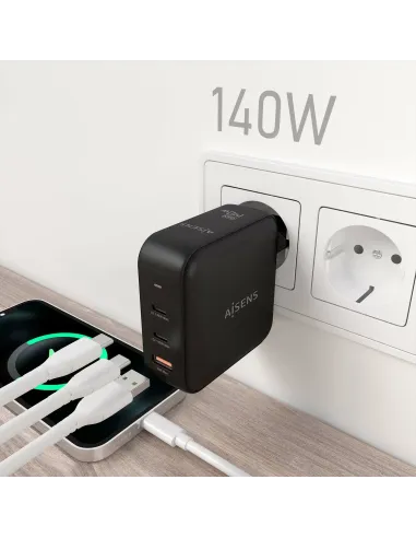 AISENS Cargador GaN 140W, 2xUSB-C PD3.1 QC4.0, 1xUSB-A QC3.0, Negro