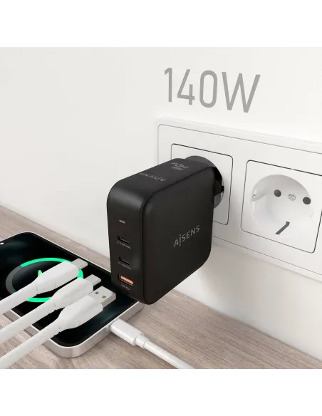 AISENS Cargador GaN 140W, 2xUSB-C PD3.1 QC4.0, 1xUSB-A QC3.0, Negro