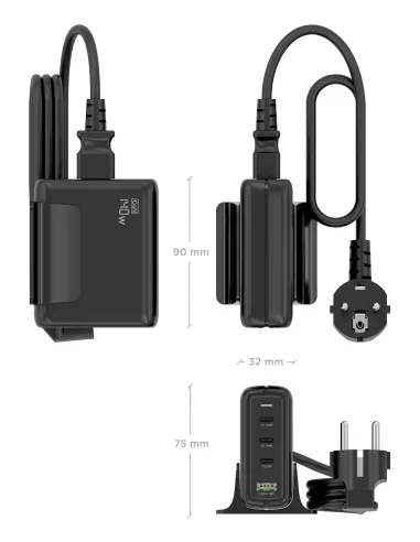 AISENS Cargador Sobremesa GaN 140W, 3x USB-C PD3.1 QC4.0 QC5.0, 1x USB-A QC3.0, Negro
