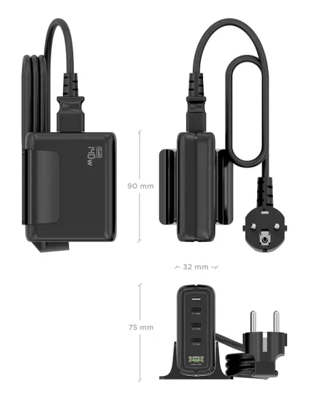 AISENS Cargador Sobremesa GaN 140W, 3x USB-C PD3.1 QC4.0 QC5.0, 1x USB-A QC3.0, Negro