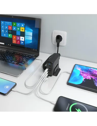 AISENS Cargador Sobremesa GaN 140W, 3x USB-C PD3.1 QC4.0 QC5.0, 1x USB-A QC3.0, Negro