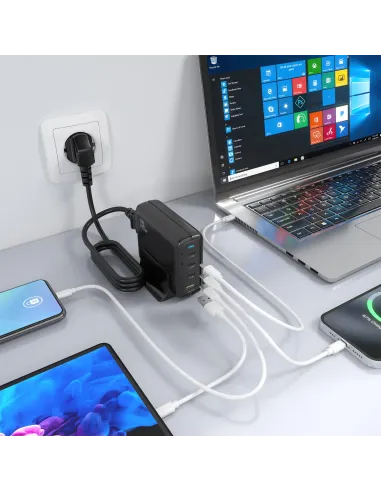 AISENS Cargador Sobremesa GaN 140W, 3x USB-C PD3.1 QC4.0 QC5.0, 1x USB-A QC3.0, Negro