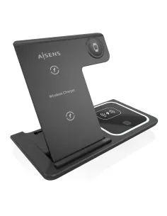 AISENS Cargador Inalambrico USB-C 3 En 1 De 15W Para Movil, Apple Watch, Ariculares Con Estuche De Carga, Negro