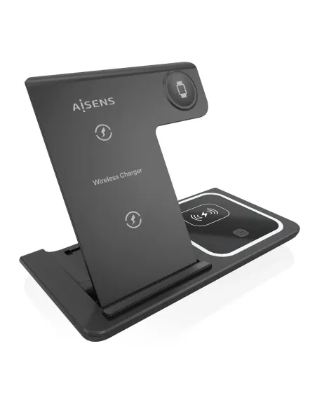 AISENS Cargador Inalambrico USB-C 3 En 1 De 15W Para Movil, Apple Watch, Ariculares Con Estuche De Carga, Negro