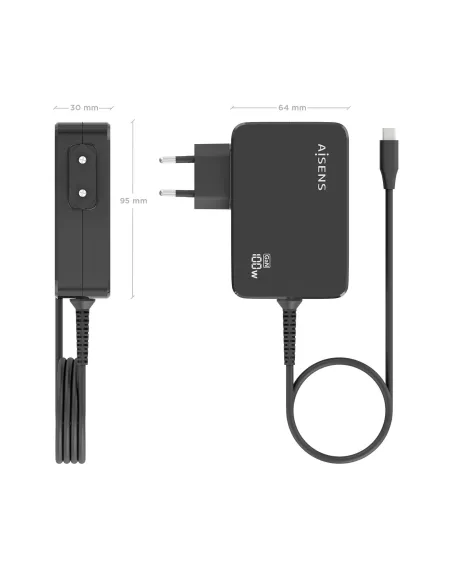 AISENS Cargador GaN 100W PD3.0 1xUSB-C 1.8m, Negro