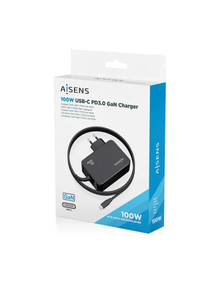 AISENS Cargador GaN 100W PD3.0 1xUSB-C 1.8m, Negro