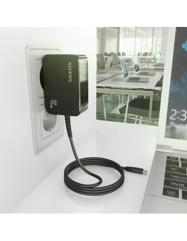 AISENS Cargador GaN 45W PD3.0 1xUSB-C 1.8m, Negro