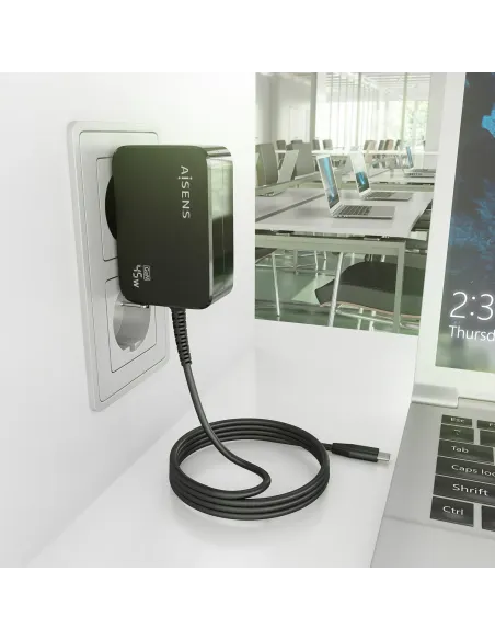 AISENS Cargador GaN 45W PD3.0 1xUSB-C 1.8m, Negro
