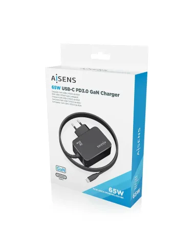 AISENS Cargador GaN 65W PD3.0 1xUSB-C 1.8m, Negro