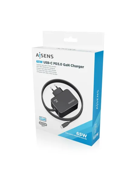 AISENS Cargador GaN 65W PD3.0 1xUSB-C 1.8m, Negro