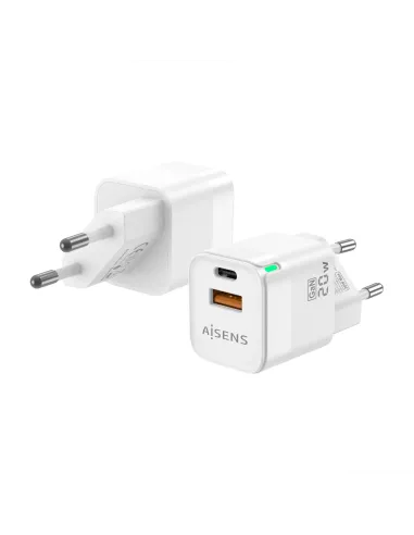 AISENS Cargador Gan 20W, 1xUSB-C PD3.0 QC4.0, 1xUSB-A QC3.0, Blanco