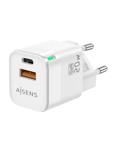 AISENS Cargador Gan 20W, 1xUSB-C PD3.0 QC4.0, 1xUSB-A QC3.0, Blanco