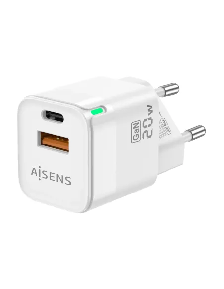 AISENS Cargador Gan 20W, 1xUSB-C PD3.0 QC4.0, 1xUSB-A QC3.0, Blanco