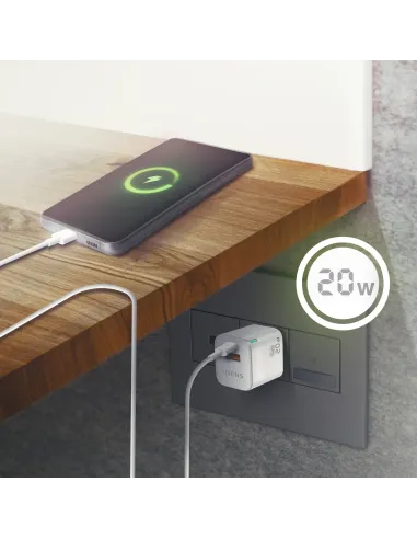 AISENS Cargador Gan 20W, 1xUSB-C PD3.0 QC4.0, 1xUSB-A QC3.0, Blanco