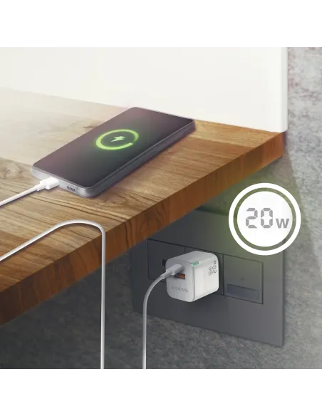 AISENS Cargador Gan 20W, 1xUSB-C PD3.0 QC4.0, 1xUSB-A QC3.0, Blanco