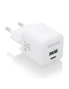 AISENS Cargador GaN 20W, 1xUSB-C PD3.0 QC4.0, 1xUSB-A QC3.0, Blanco