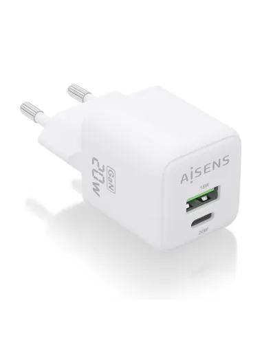 AISENS Cargador GaN 20W, 1xUSB-C PD3.0 QC4.0, 1xUSB-A QC3.0, Blanco