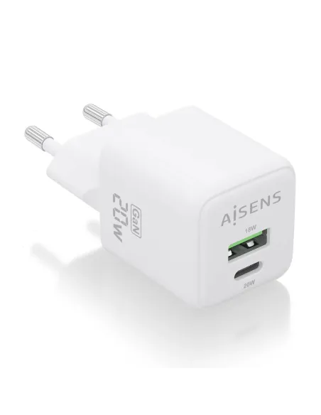 AISENS Cargador GaN 20W, 1xUSB-C PD3.0 QC4.0, 1xUSB-A QC3.0, Blanco