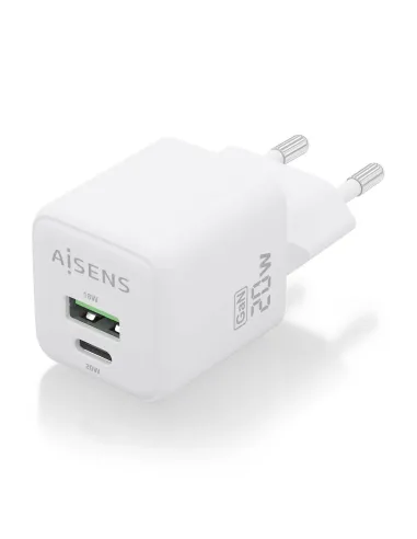 AISENS Cargador GaN 20W, 1xUSB-C PD3.0 QC4.0, 1xUSB-A QC3.0, Blanco