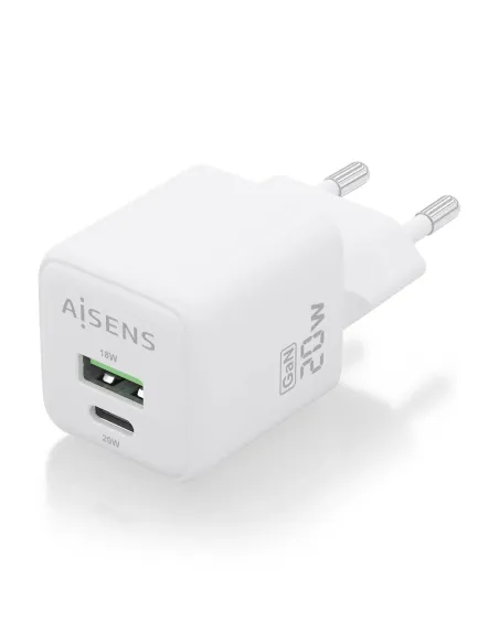 AISENS Cargador GaN 20W, 1xUSB-C PD3.0 QC4.0, 1xUSB-A QC3.0, Blanco