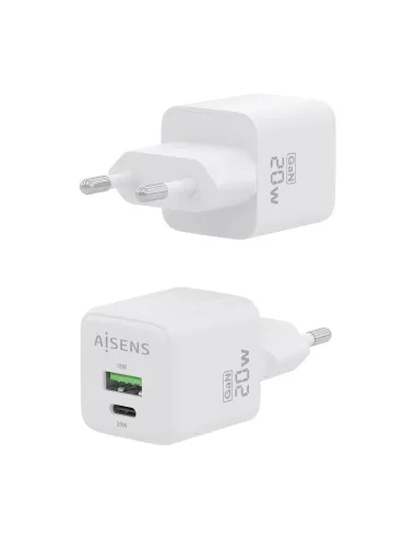 AISENS Cargador GaN 20W, 1xUSB-C PD3.0 QC4.0, 1xUSB-A QC3.0, Blanco