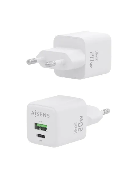 AISENS Cargador GaN 20W, 1xUSB-C PD3.0 QC4.0, 1xUSB-A QC3.0, Blanco