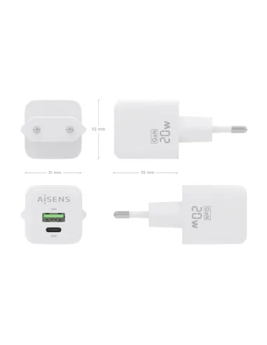 AISENS Cargador GaN 20W, 1xUSB-C PD3.0 QC4.0, 1xUSB-A QC3.0, Blanco