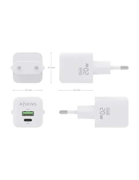 AISENS Cargador GaN 20W, 1xUSB-C PD3.0 QC4.0, 1xUSB-A QC3.0, Blanco