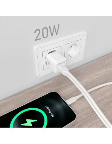 AISENS Cargador GaN 20W, 1xUSB-C PD3.0 QC4.0, 1xUSB-A QC3.0, Blanco