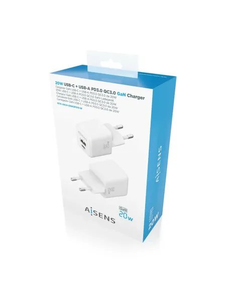 AISENS Cargador GaN 20W, 1xUSB-C PD3.0 QC4.0, 1xUSB-A QC3.0, Blanco