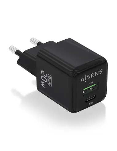 AISENS Cargador GaN 20W, 1xUSB-C PD3.0 QC4.0, 1xUSB-A QC3.0, Negro