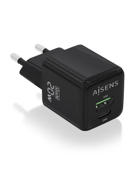 AISENS Cargador GaN 20W, 1xUSB-C PD3.0 QC4.0, 1xUSB-A QC3.0, Negro