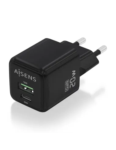 AISENS Cargador GaN 20W, 1xUSB-C PD3.0 QC4.0, 1xUSB-A QC3.0, Negro