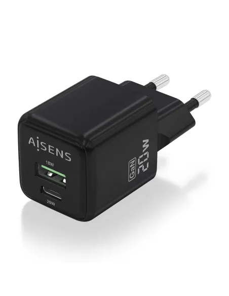 AISENS Cargador GaN 20W, 1xUSB-C PD3.0 QC4.0, 1xUSB-A QC3.0, Negro