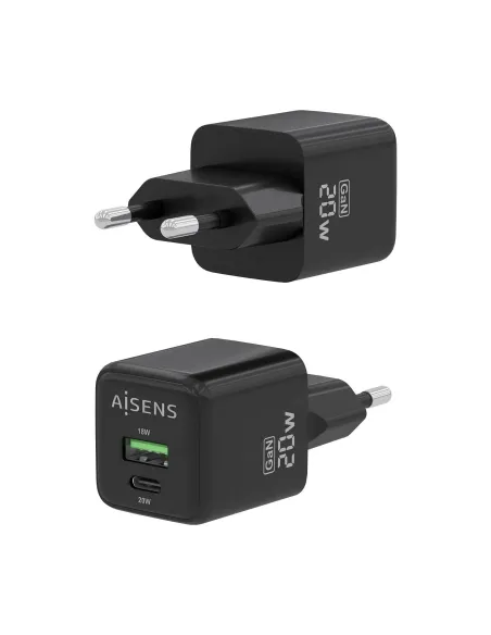 AISENS Cargador GaN 20W, 1xUSB-C PD3.0 QC4.0, 1xUSB-A QC3.0, Negro
