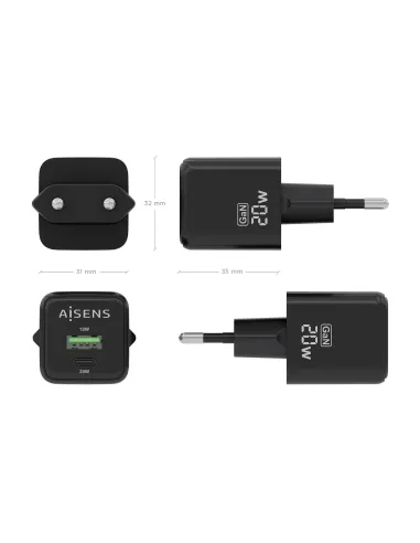 AISENS Cargador GaN 20W, 1xUSB-C PD3.0 QC4.0, 1xUSB-A QC3.0, Negro