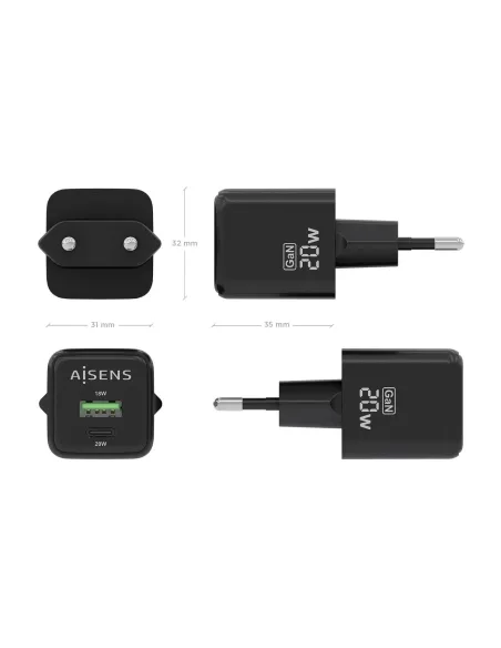 AISENS Cargador GaN 20W, 1xUSB-C PD3.0 QC4.0, 1xUSB-A QC3.0, Negro