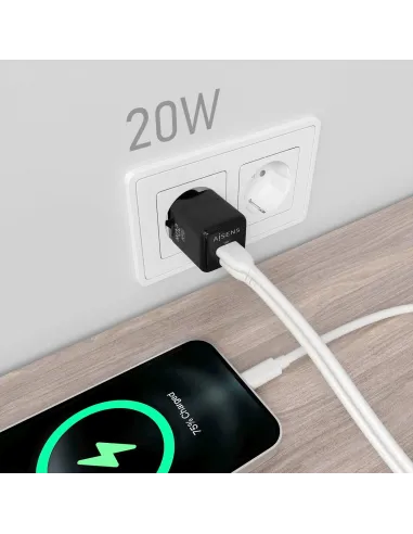 AISENS Cargador GaN 20W, 1xUSB-C PD3.0 QC4.0, 1xUSB-A QC3.0, Negro