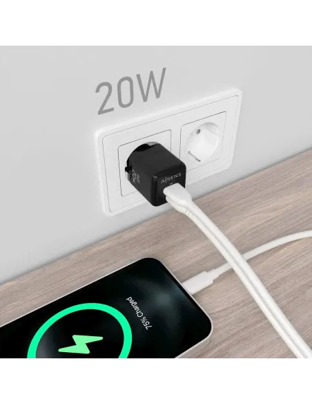 AISENS Cargador GaN 20W, 1xUSB-C PD3.0 QC4.0, 1xUSB-A QC3.0, Negro
