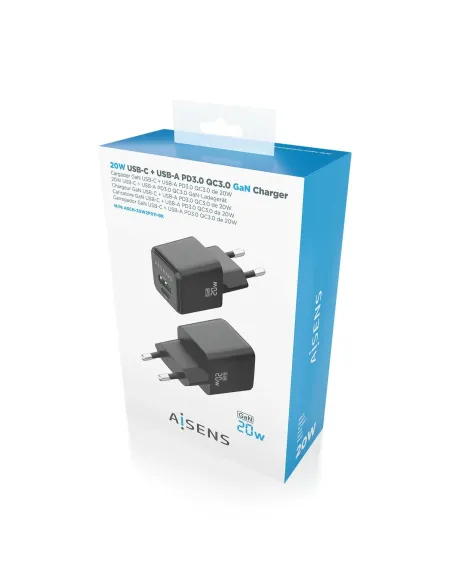 AISENS Cargador GaN 20W, 1xUSB-C PD3.0 QC4.0, 1xUSB-A QC3.0, Negro