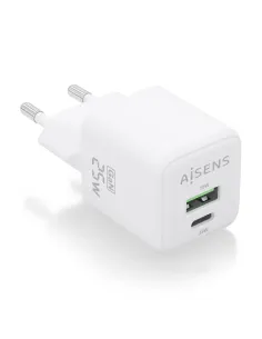 AISENS Cargador GaN 25W, 1xUSB-C PD3.0 QC4.0, 1xUSB-A QC3.0, Blanco